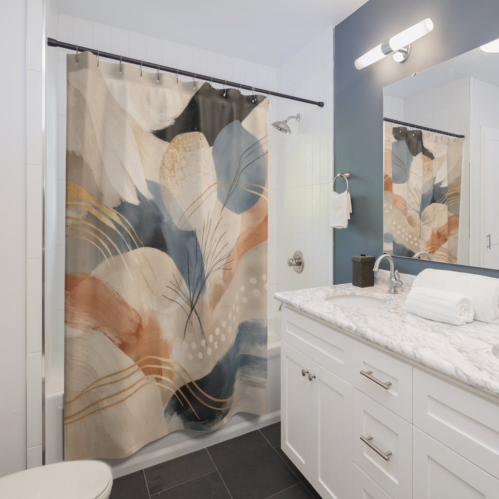 Abstract Painterly Shower Curtain – Beige Blue Black