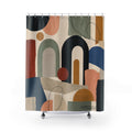 Modern Geometric Shower Curtain, Colorful Arch Landscape, Blue Green Terracotta Abstract Bathroom Decor, Playful Retro Bath Style, Bold