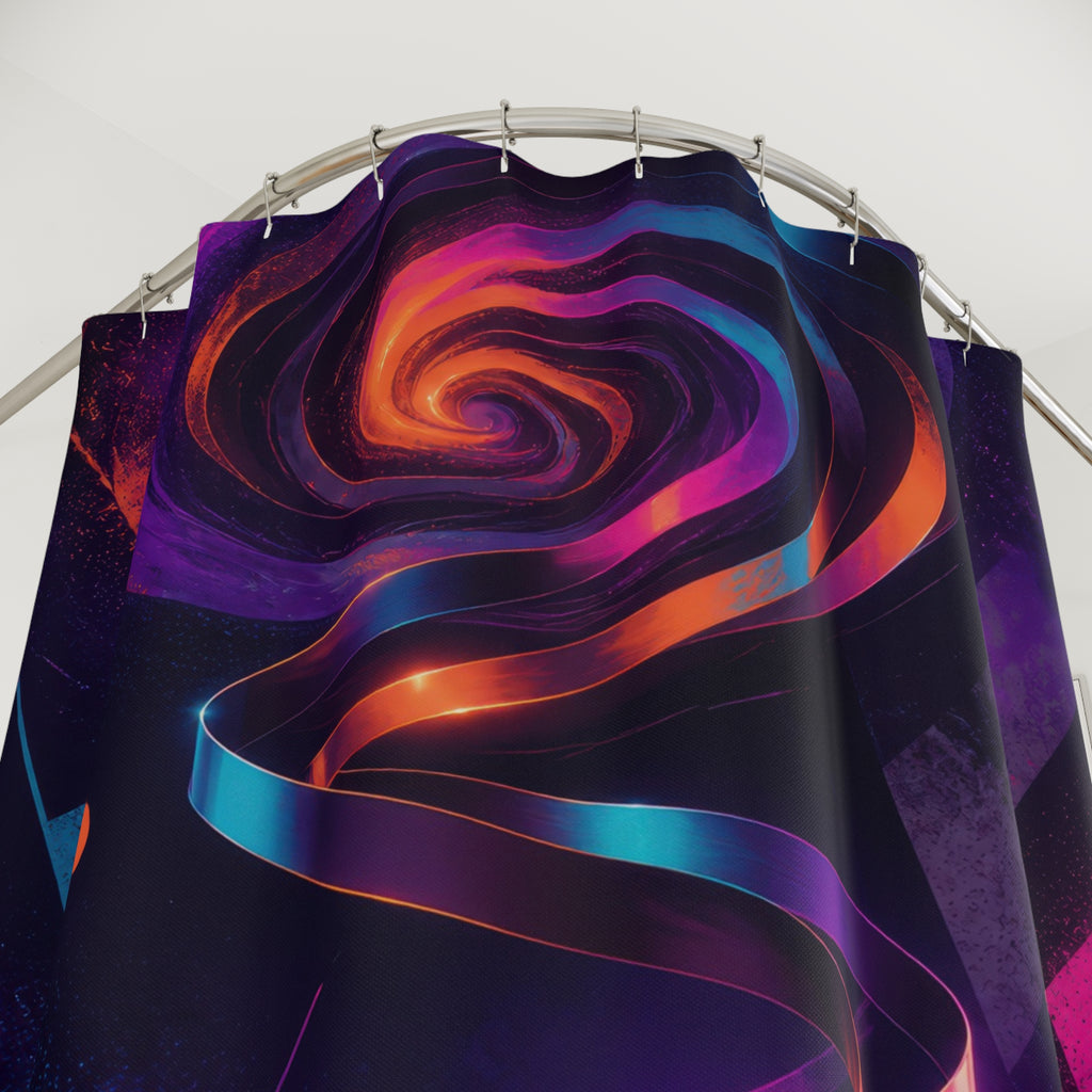 Translucent cassette with spiraling tape and neon spray shapes shower curtain with close-up print, hooks, and folds