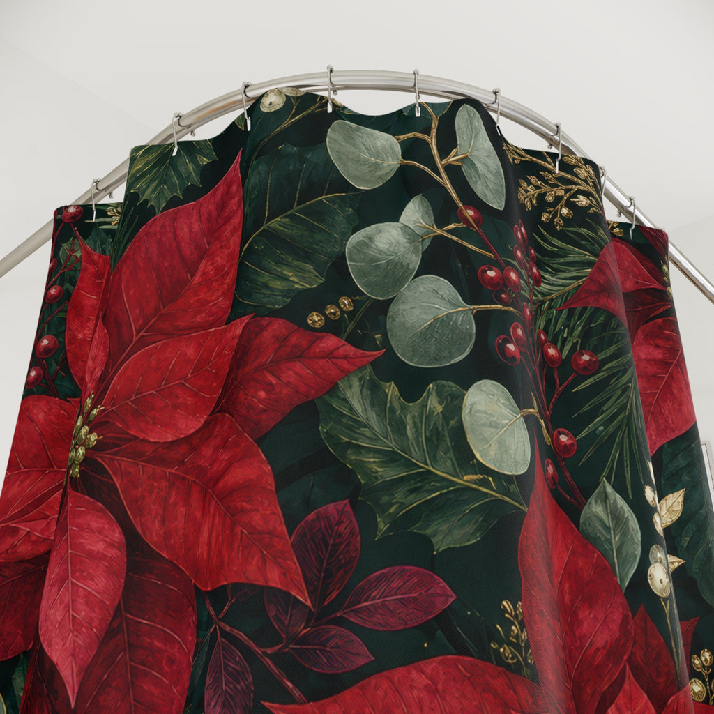 Red Poinsettia Dark Green Shower Curtain