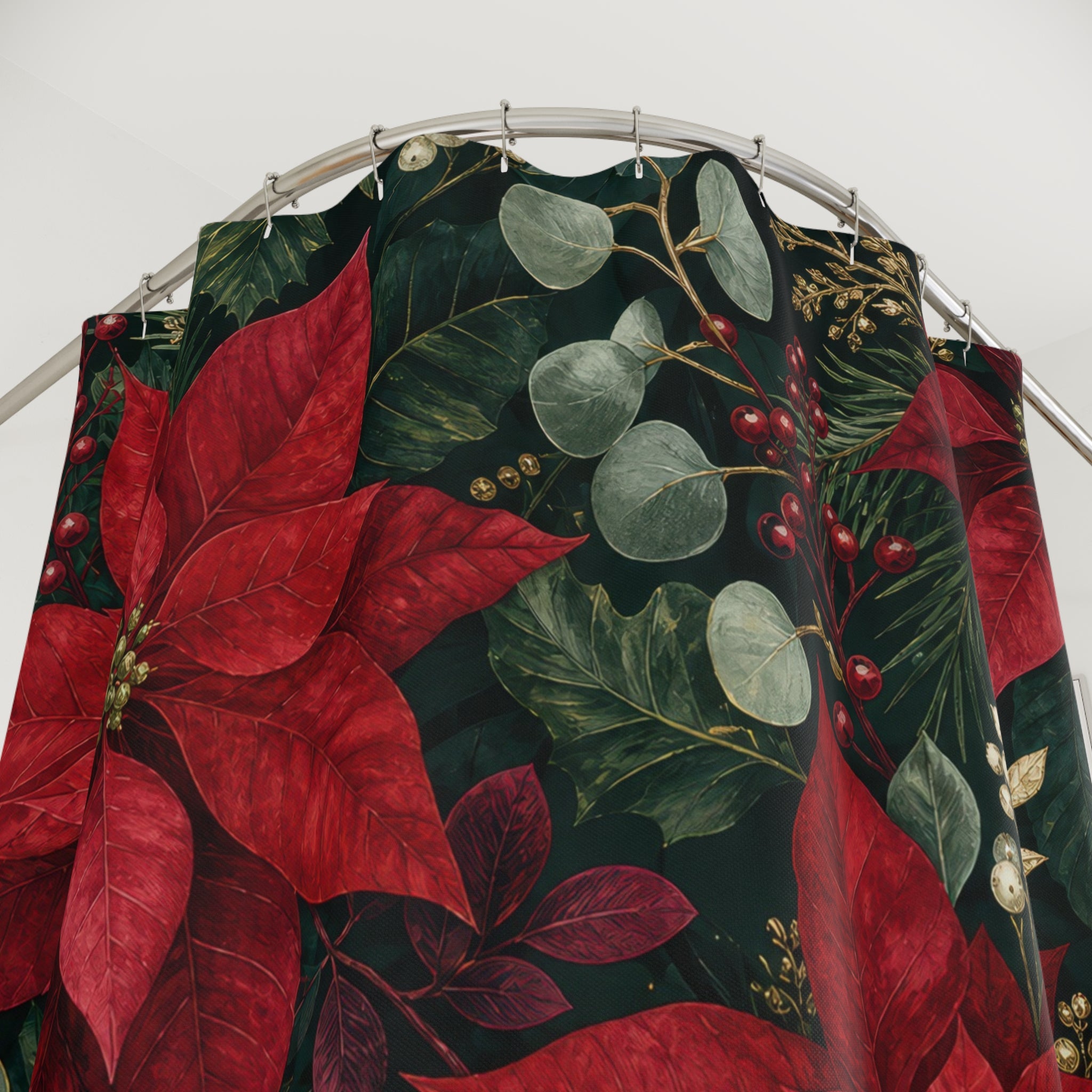 Red Poinsettia Dark Green Shower Curtain