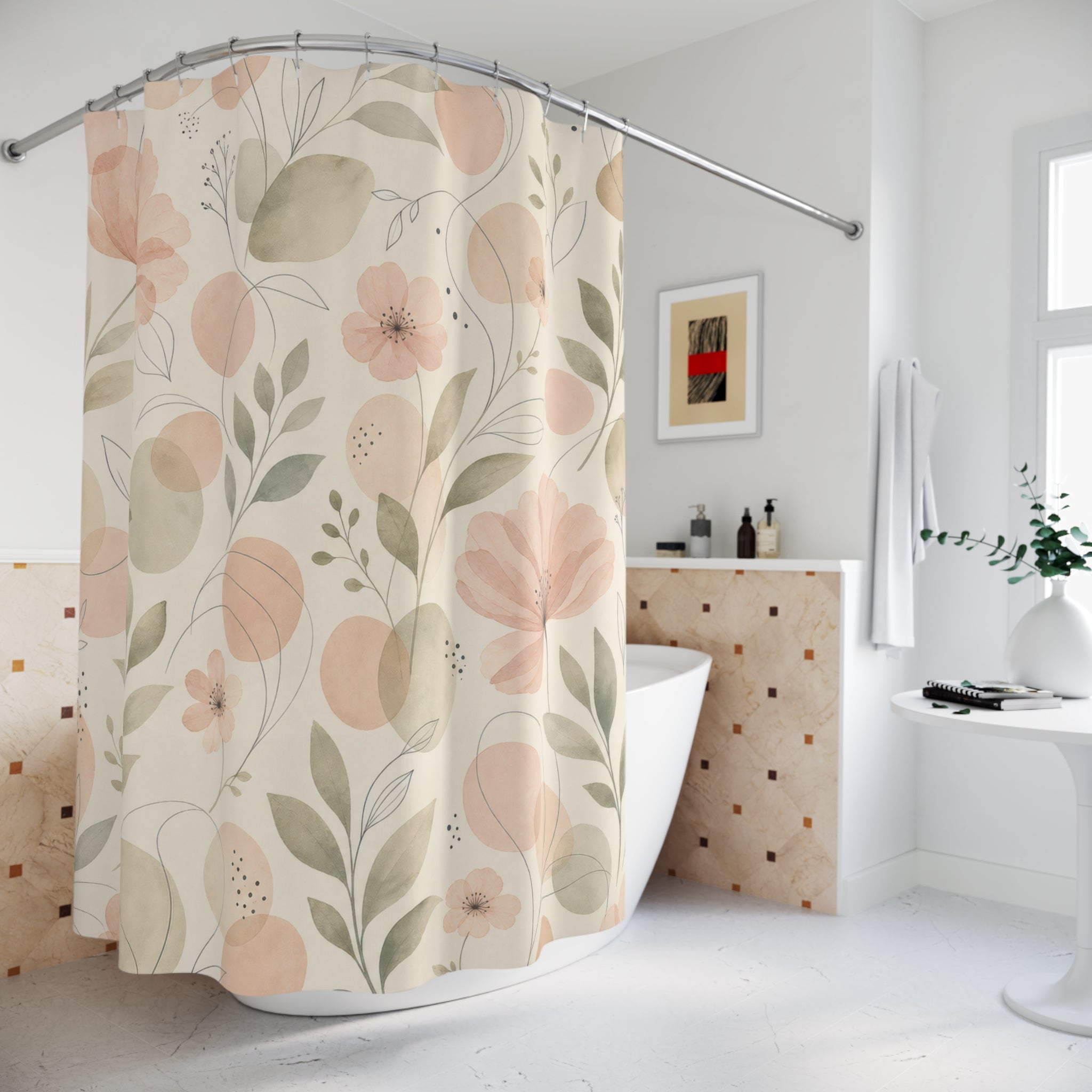 Peach Pastel Floral Aesthetic Shower Curtain