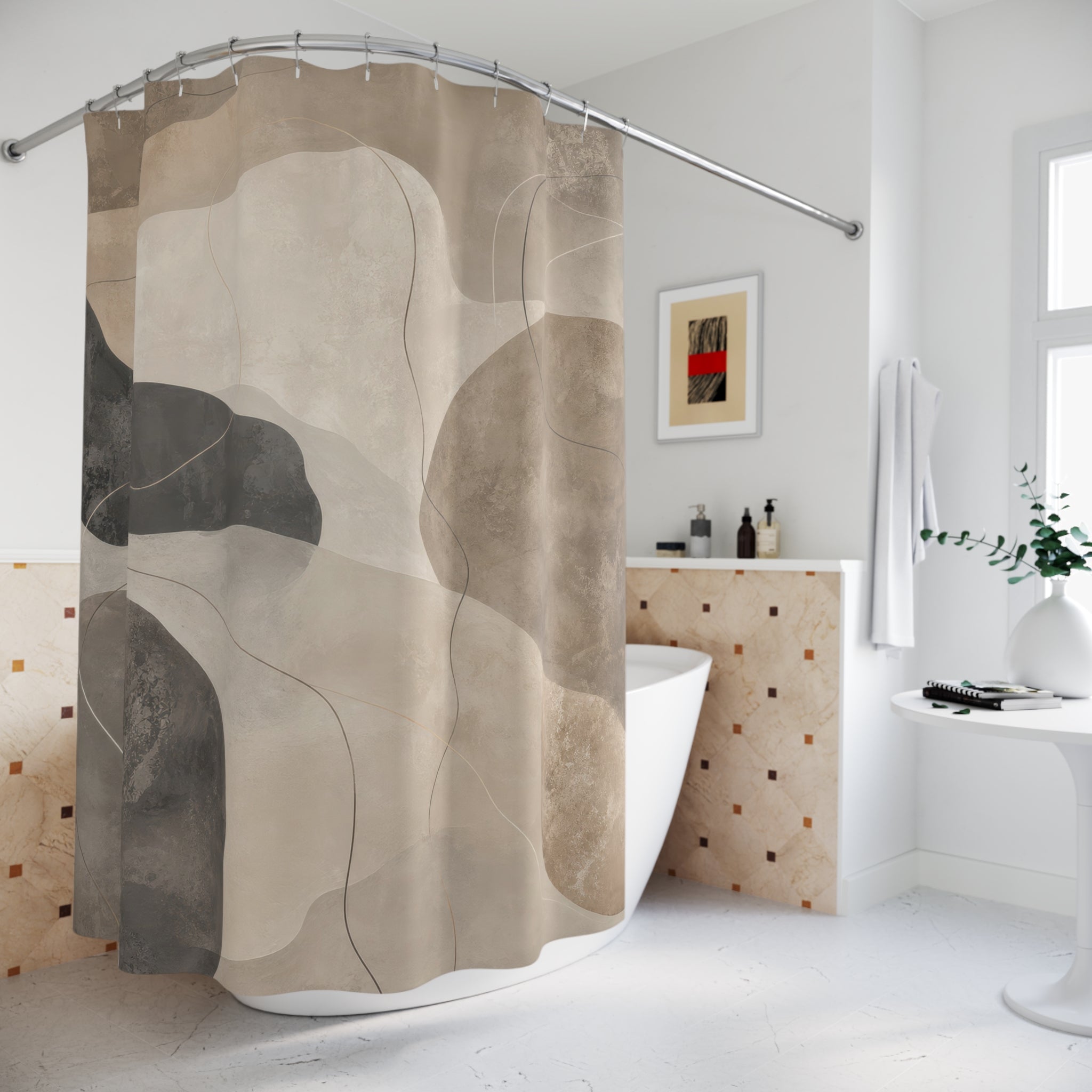 Grey and Beige Shower Curtain: Abstract Stone Watercolor