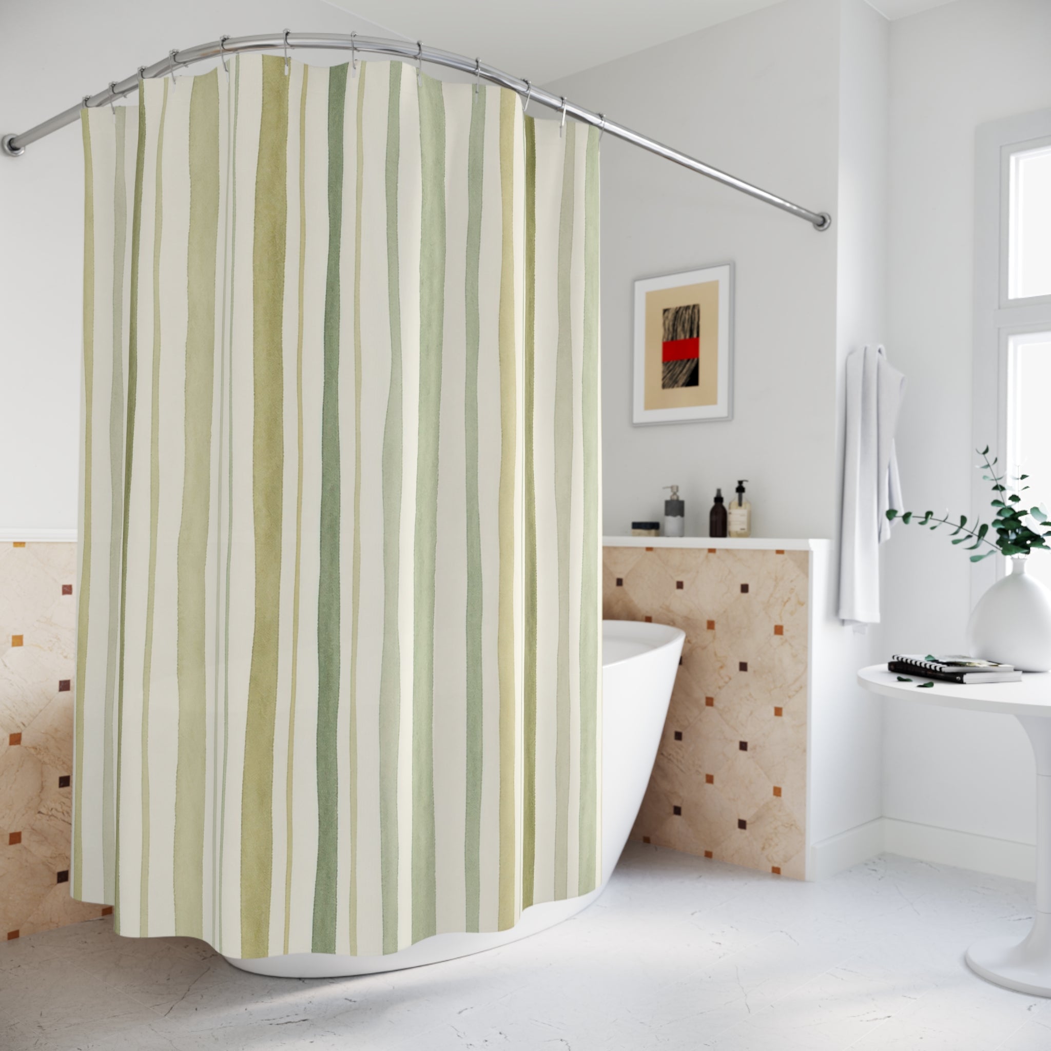 Loose Sage Green Olive Stripe Shower Curtain