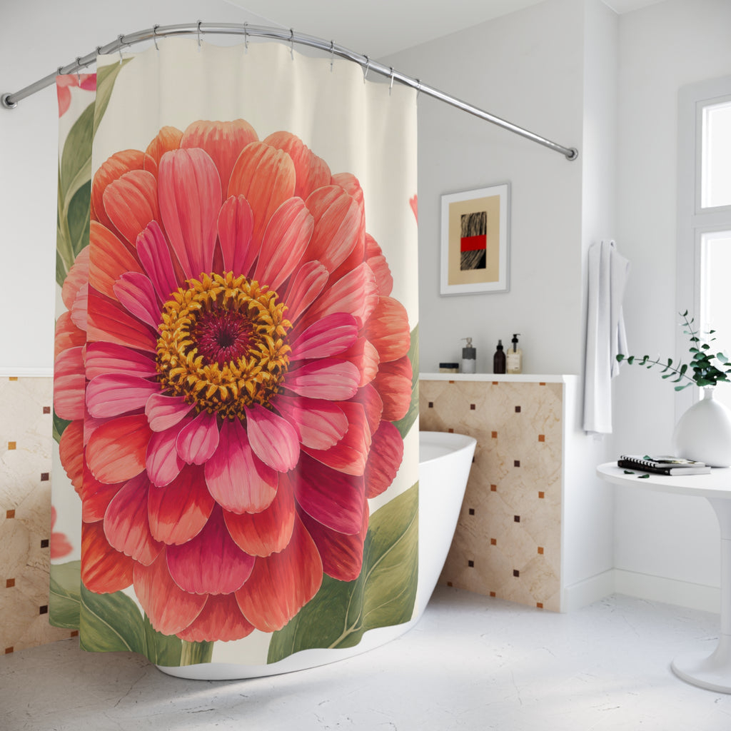 Coral and fuchsia zinnia portrait shower curtain beside a freestanding tub