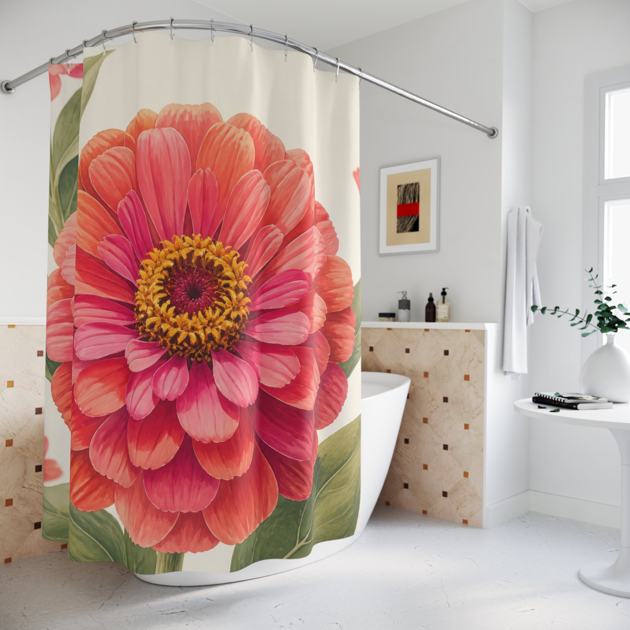 Coral and fuchsia zinnia portrait shower curtain beside a freestanding tub