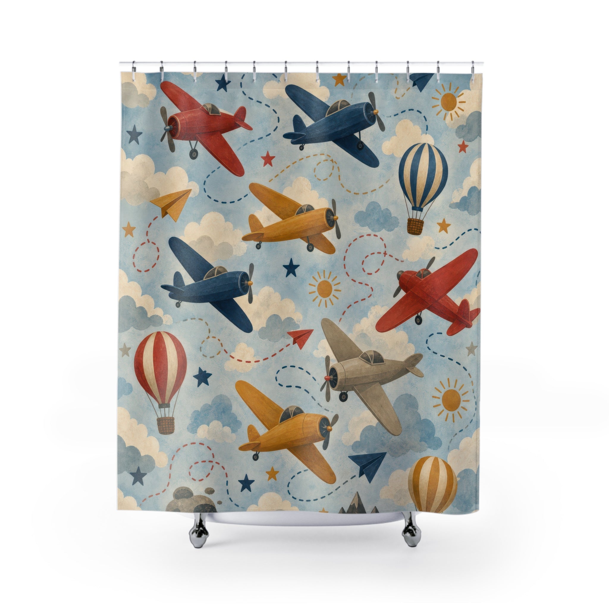 Airplane Shower Curtain, Sky Blue Kids Bathroom Decor, Plane Pattern Bath Curtain, Boys Bathroom Decor, Travel Theme, Bath Decor, Guest Bath