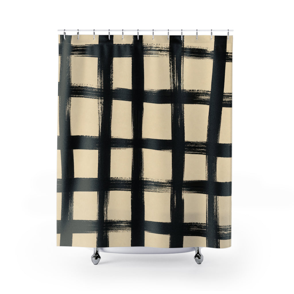 Black Cream Painted Grid Shower Curtain