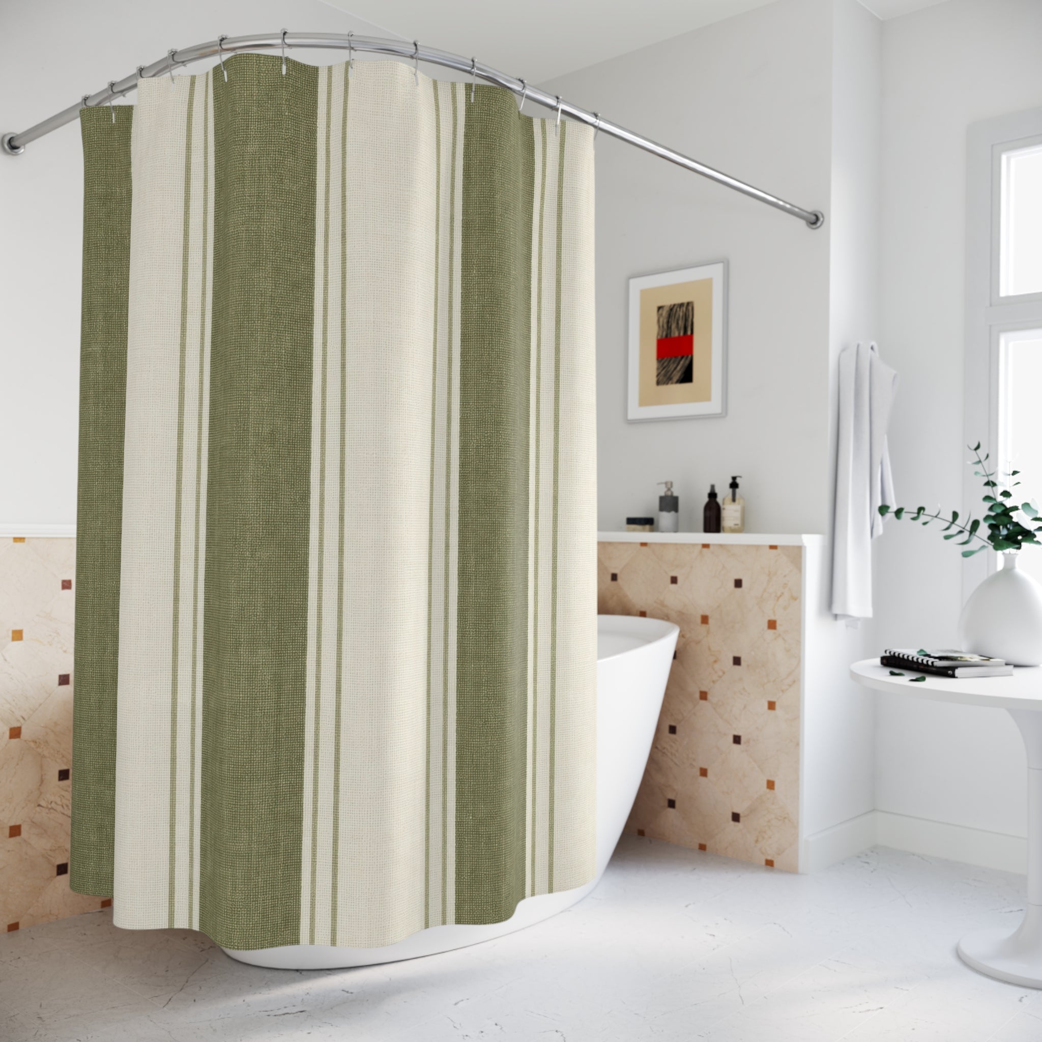Moss Green Awning Stripe Shower Curtain