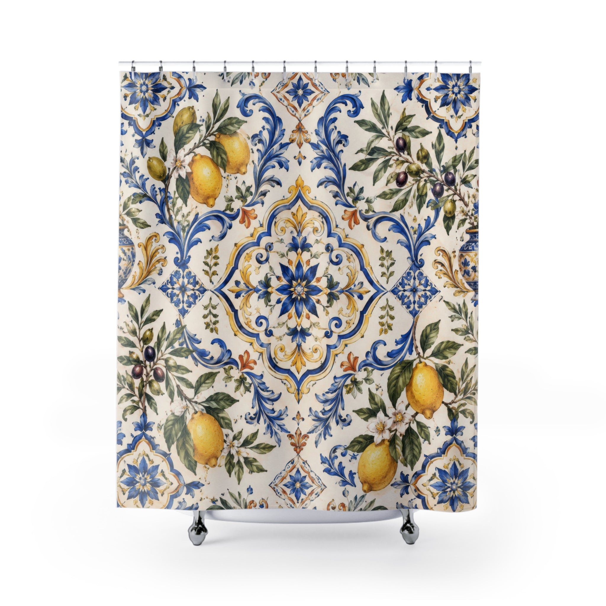 Italian Tile Shower Curtain: Blue Lemon Mediterranean