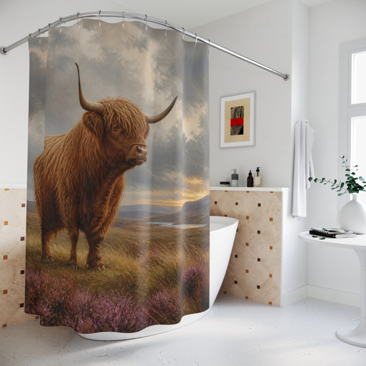 Highland cow standing in heather on a misty moor shower curtain beside a freestanding tub