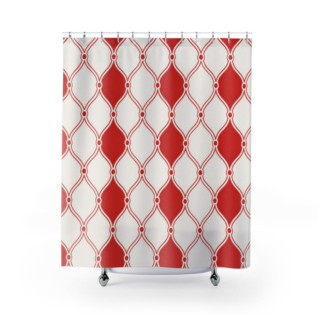 Trellis Shower Curtain, Red and White Lattice Pattern, Moroccan Geometric Bath Decor, Clean Classic Guest Bathroom Style, Ogee Accent