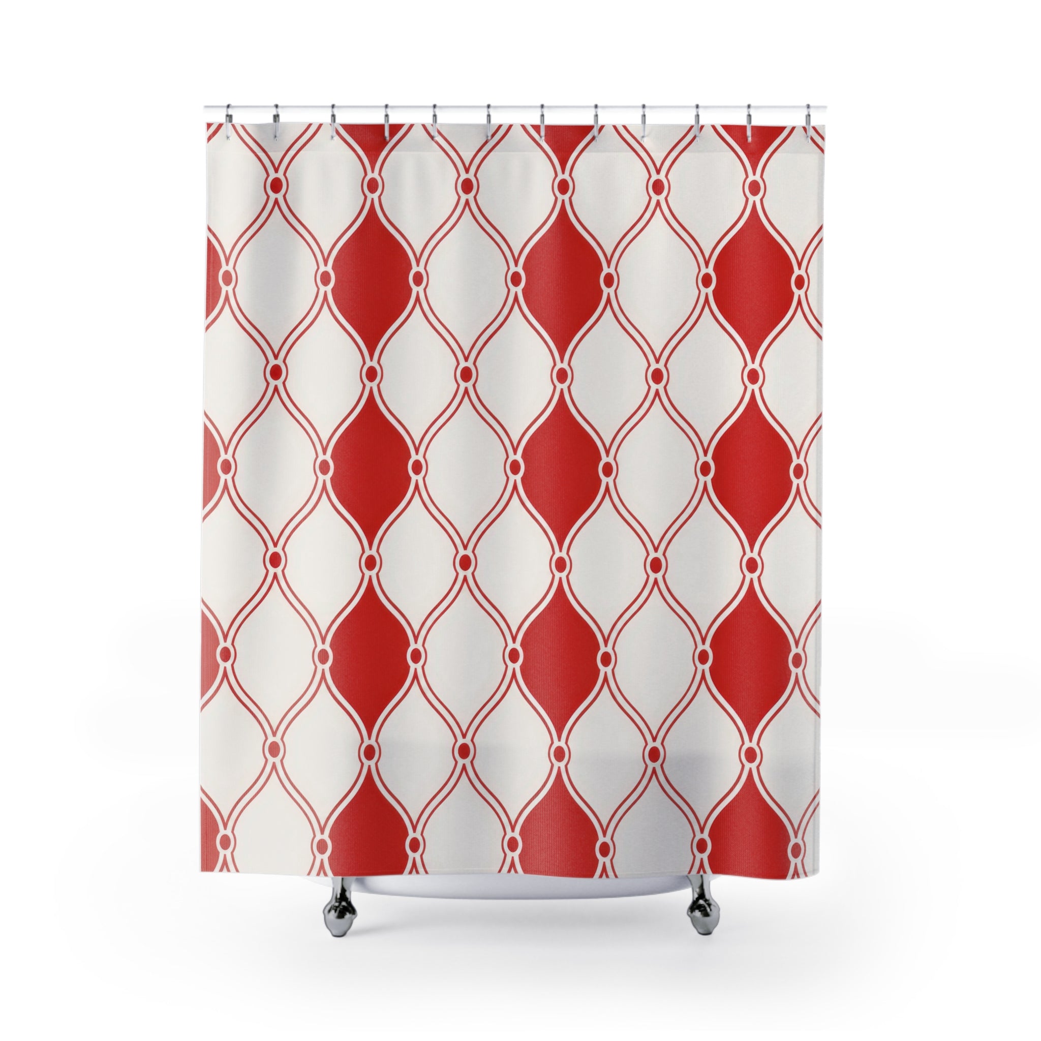Trellis Shower Curtain, Red and White Lattice Pattern, Moroccan Geometric Bath Decor, Clean Classic Guest Bathroom Style, Ogee Accent