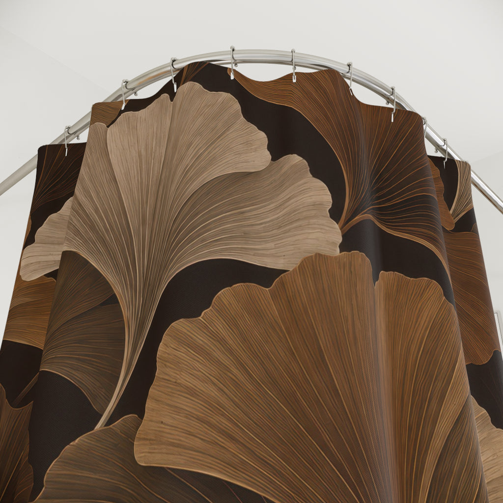 Brown and taupe ginkgo fans on an espresso background shower curtain with close-up print, hooks, and folds