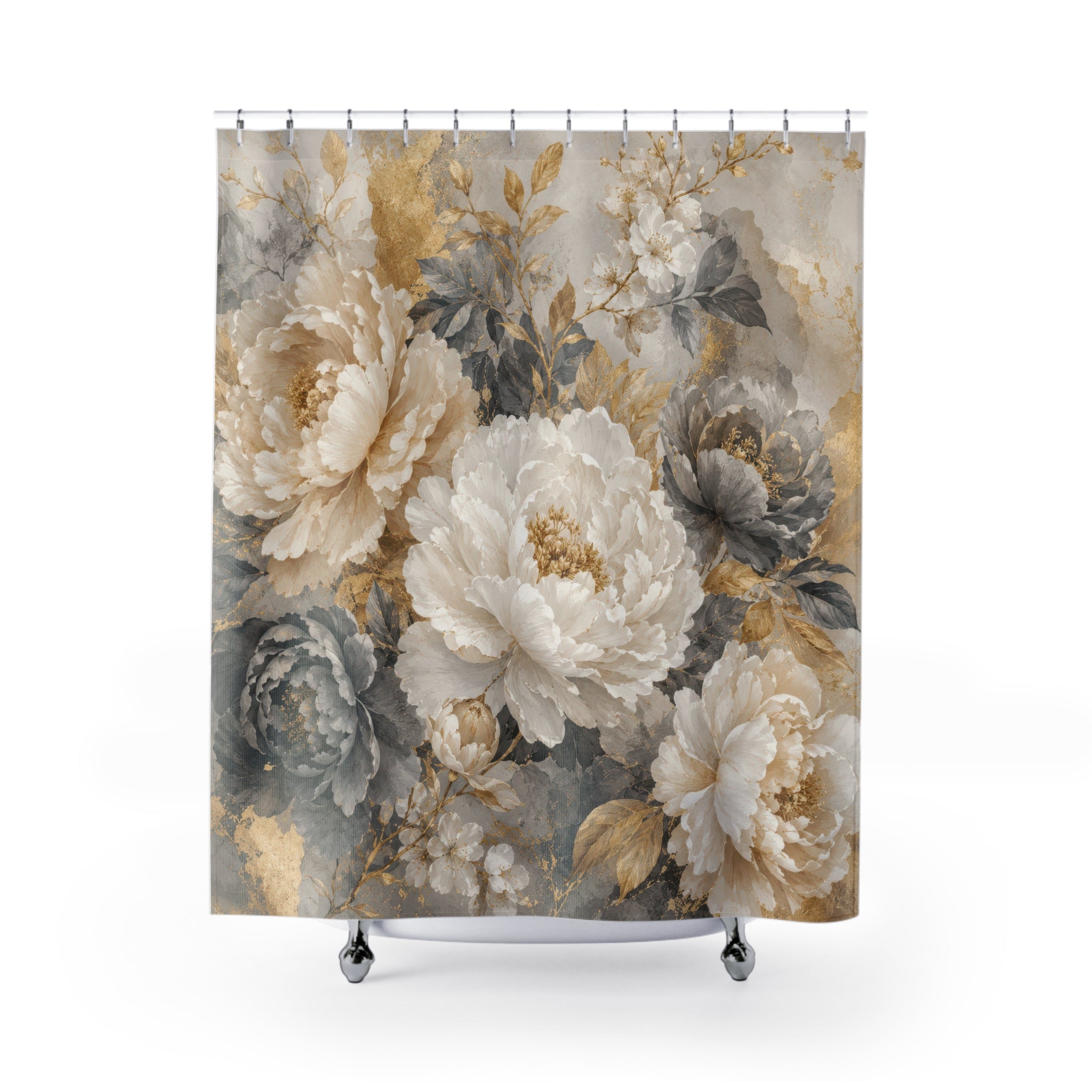 Gold Grey Floral Shower Curtain: White Peony