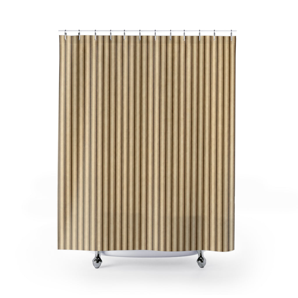 Ticking Stripe Shower Curtain, Tan Brown Farmhouse Bath Decor, Ribbed Narrow Stripe Pattern, Warm Neutral Guest Bathroom Decor Style