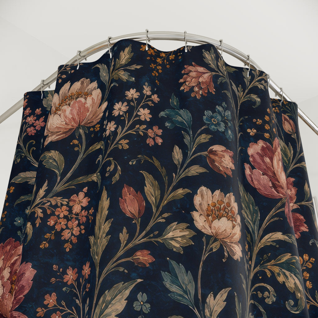 Navy Floral Cottage Cottagecore Orange Beige Shower Curtain