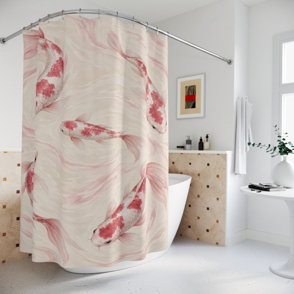 Pink and white koi gliding through pale cream water shower curtain beside a freestanding tub