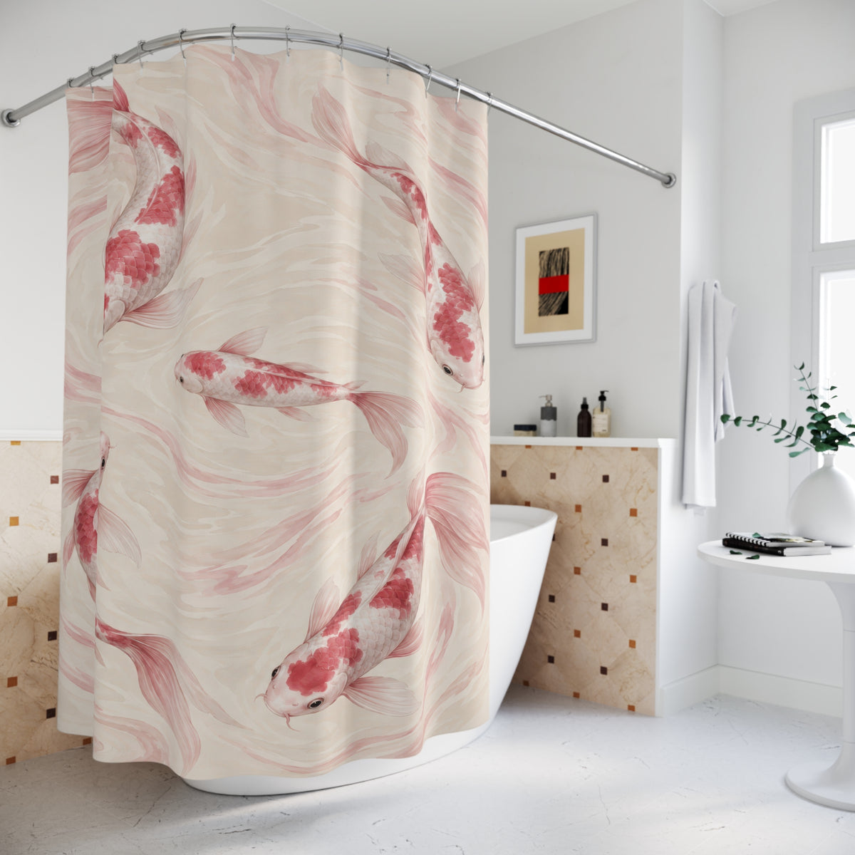 Pink and white koi gliding through pale cream water shower curtain beside a freestanding tub