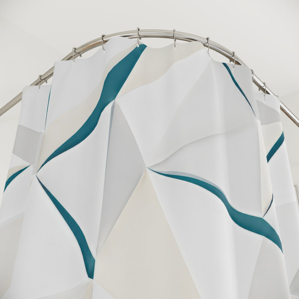 White triangular prism lattice divided by narrow teal seams shower curtain with close-up print, hooks, and folds