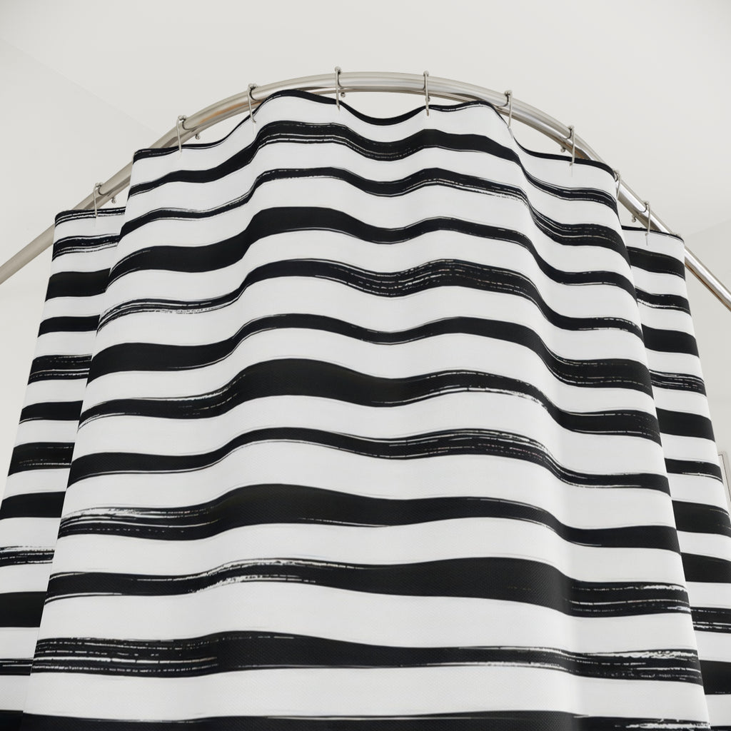 Horizontal black brush stripes with white dry-ink streaks shower curtain with close-up print, hooks, and folds
