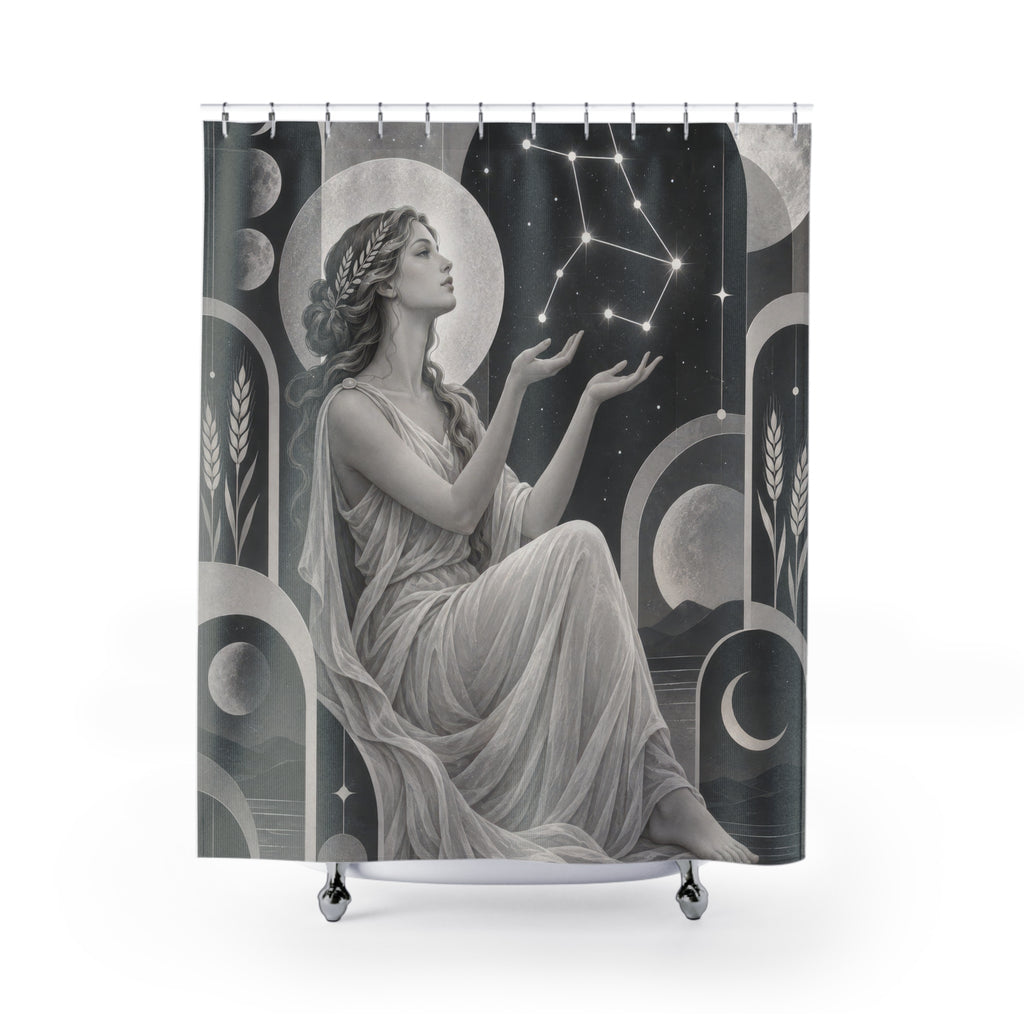 Grey and white Virgo maiden among geometric arches shower curtain with full front view