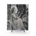 Grey and white Virgo maiden among geometric arches shower curtain with full front view