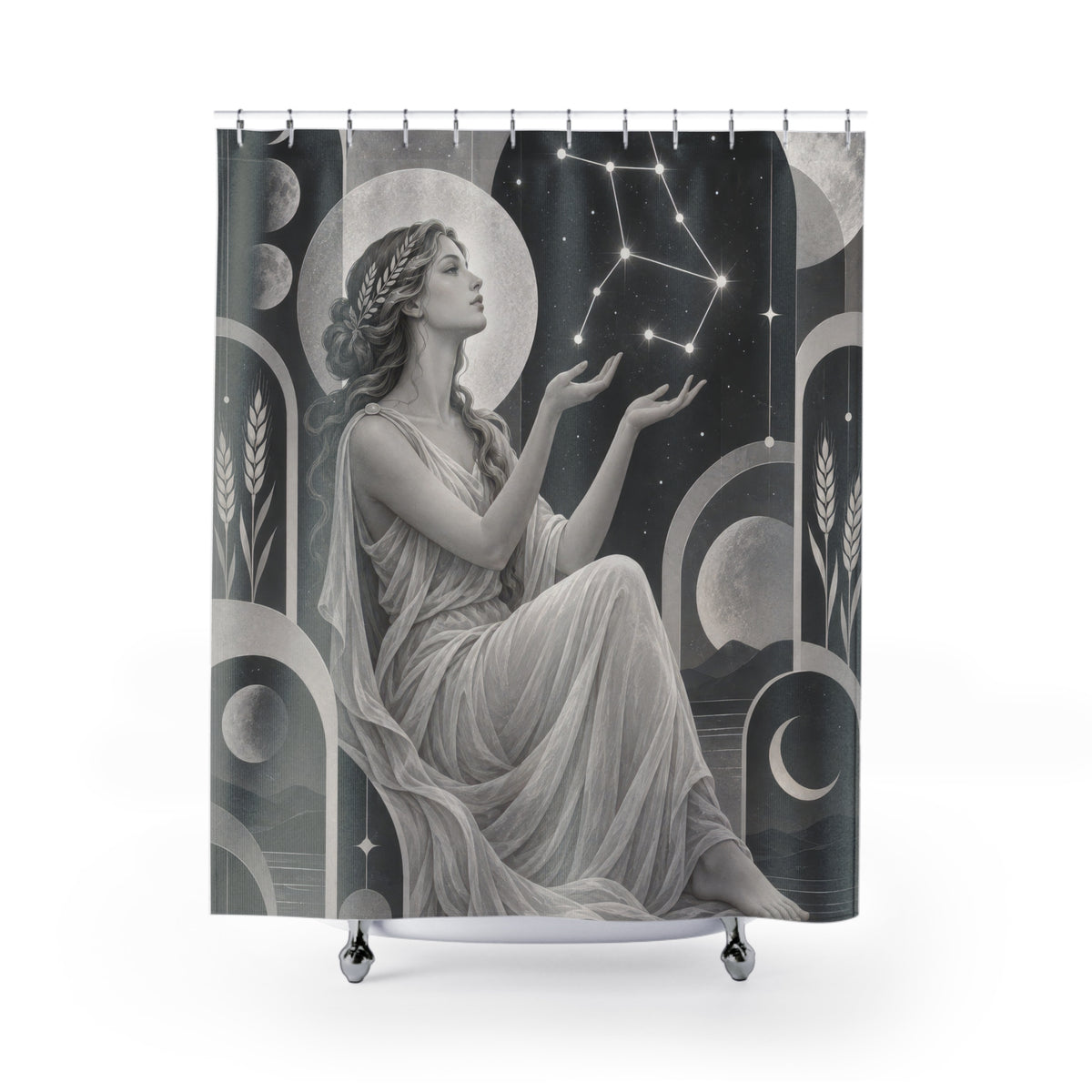 Grey and white Virgo maiden among geometric arches shower curtain with full front view