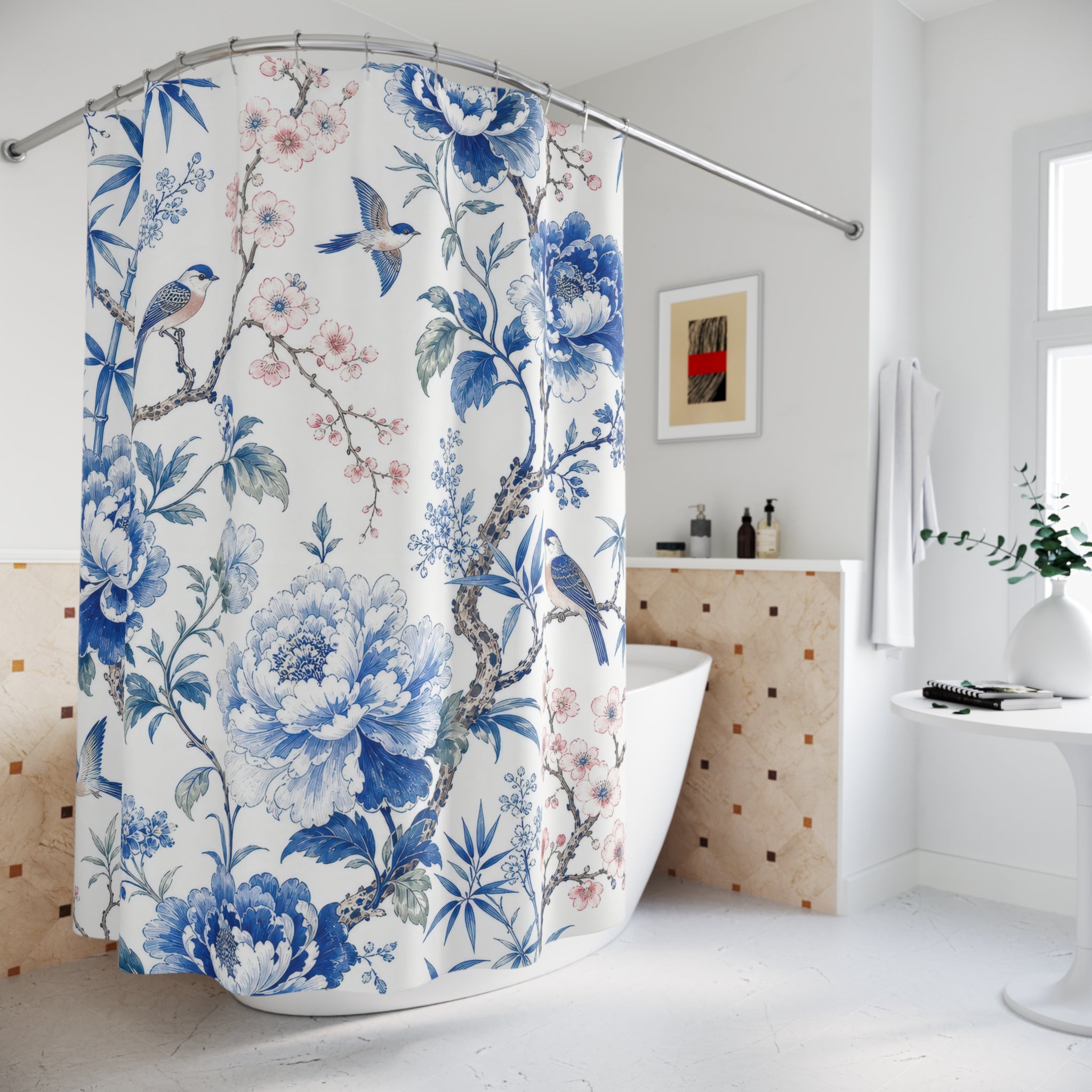 Blue Floral Toile Shower Curtain