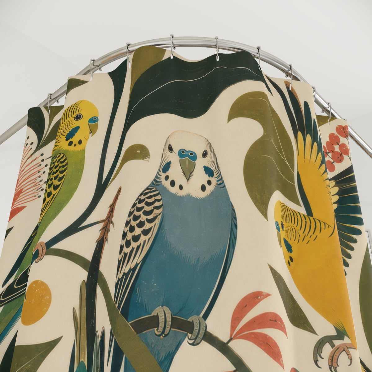 Mid Century Parakeet Garden shower curtain with close-up print, hooks, and folds