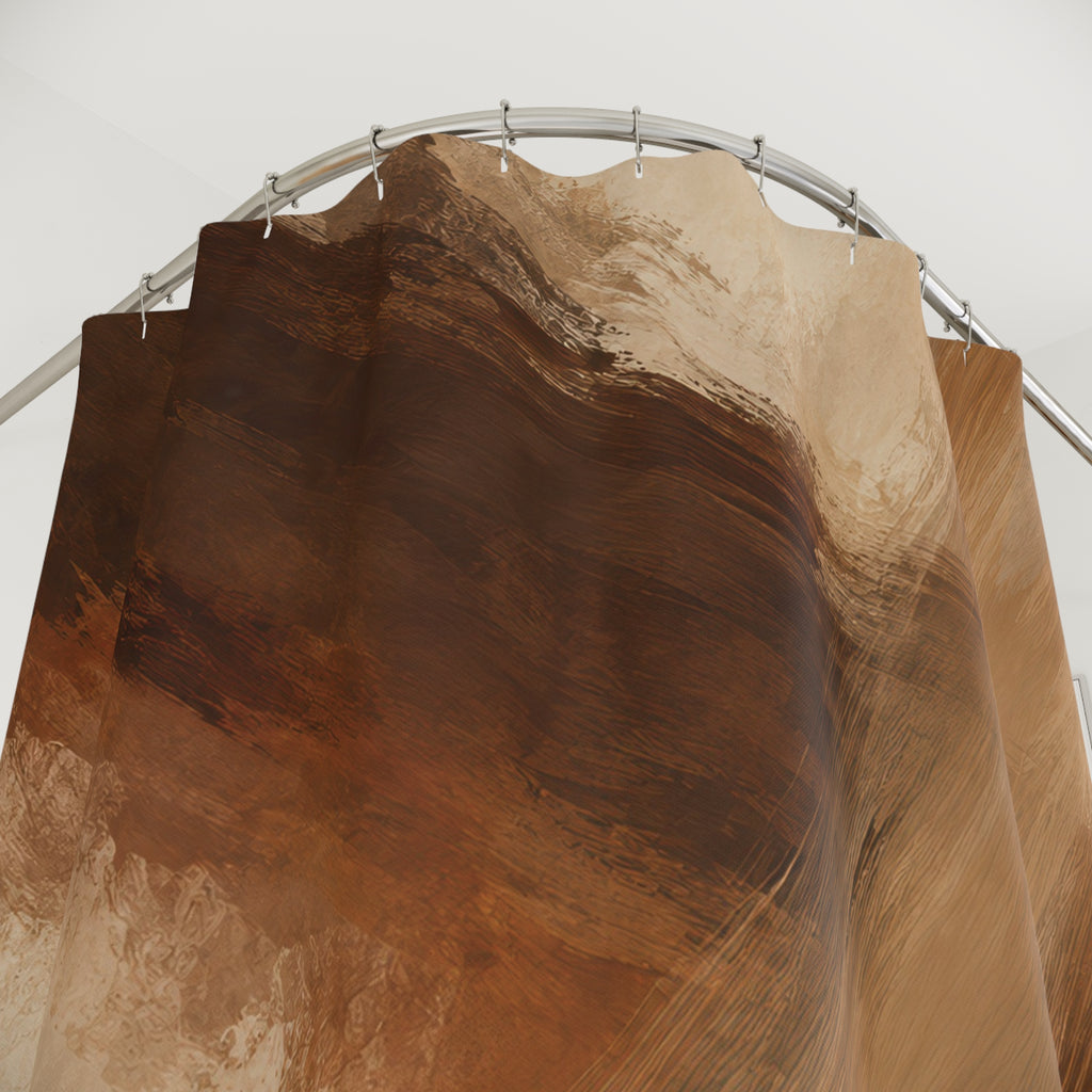 Umber and camel brushstrokes with cream openings shower curtain with close-up print, hooks, and folds