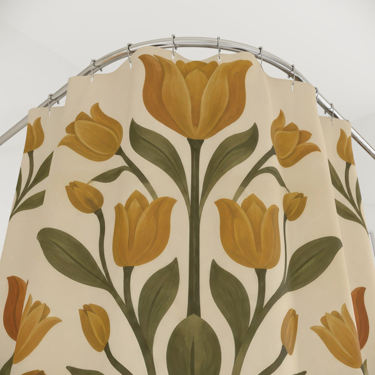 Ochre tulips and olive leaves in three urns on cream shower curtain with close-up print, hooks, and folds