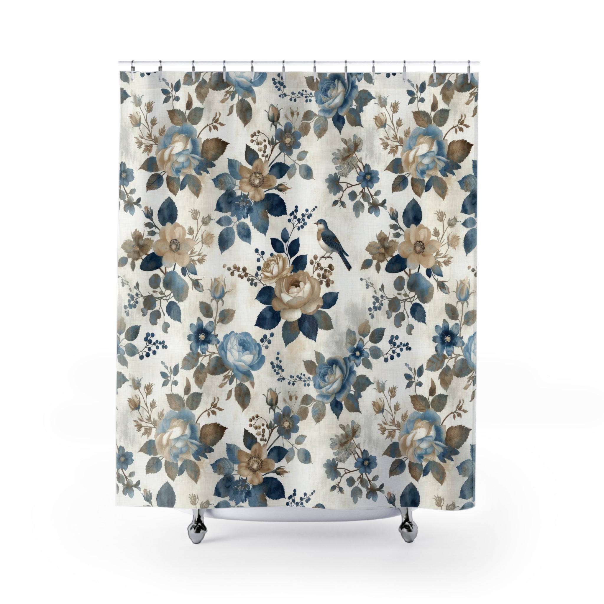 Floral Bird Shower Curtain — Blue and Beige