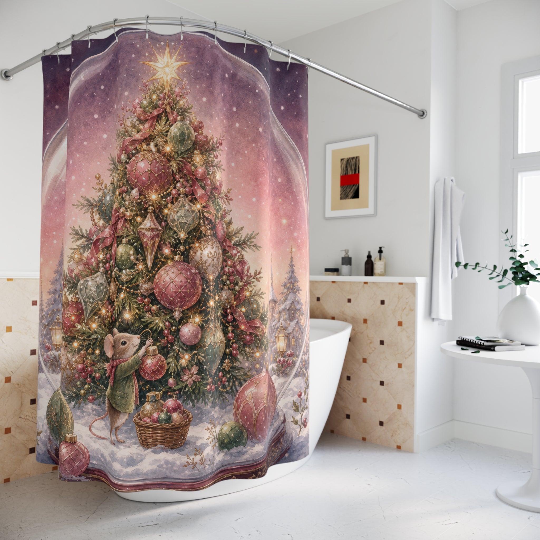 Pink Christmas tree and mouse inside a snow globe shower curtain beside a freestanding tub