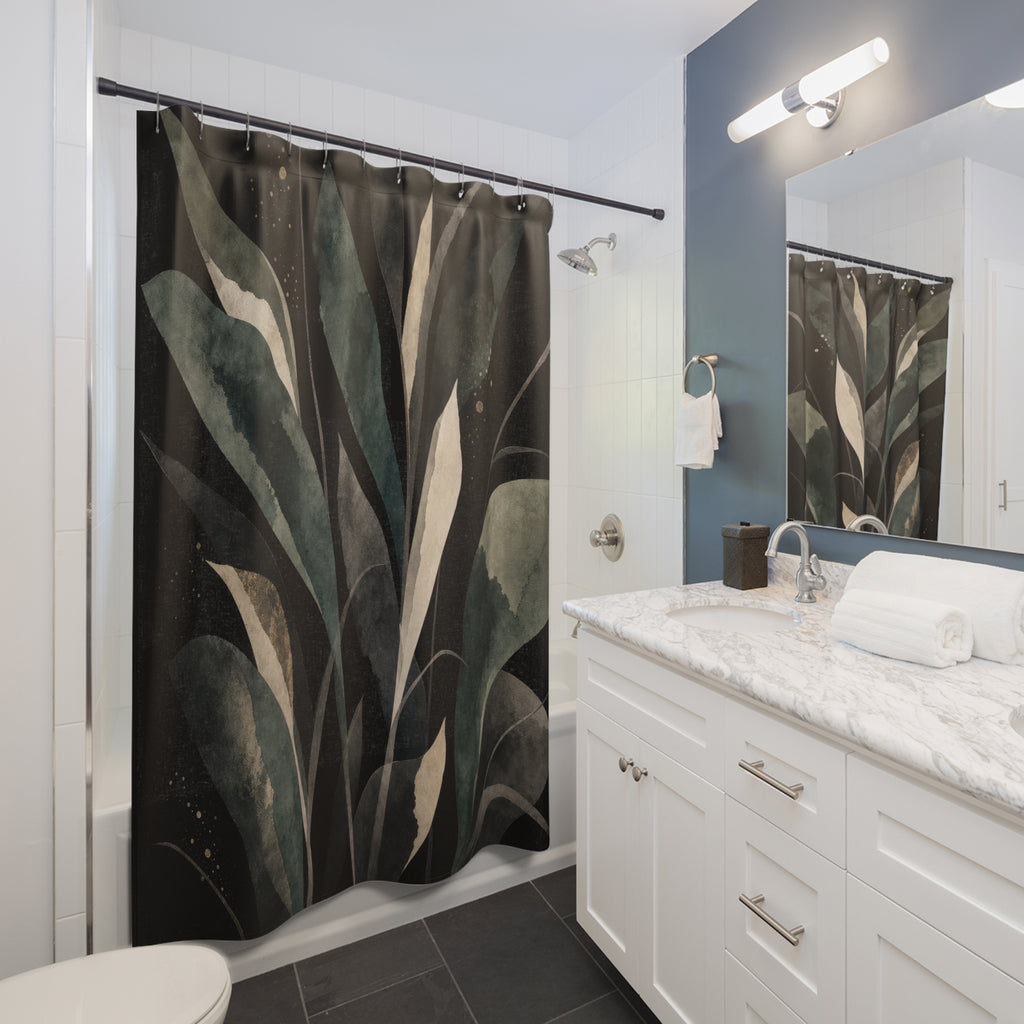 Green Botanical Shower Curtain, Black Leaf Bath Decor, Cream Teal Branch Pattern, Moody Modern Bathroom Decor, Nature Inspired Style