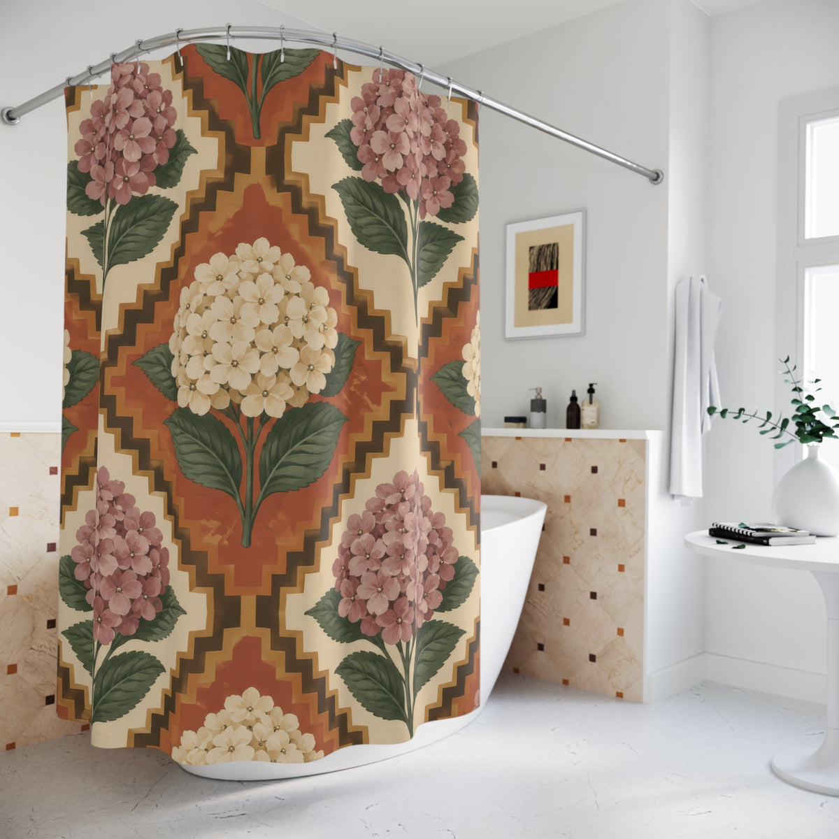 Mauve and cream hydrangeas inside terracotta diamonds shower curtain beside a freestanding tub