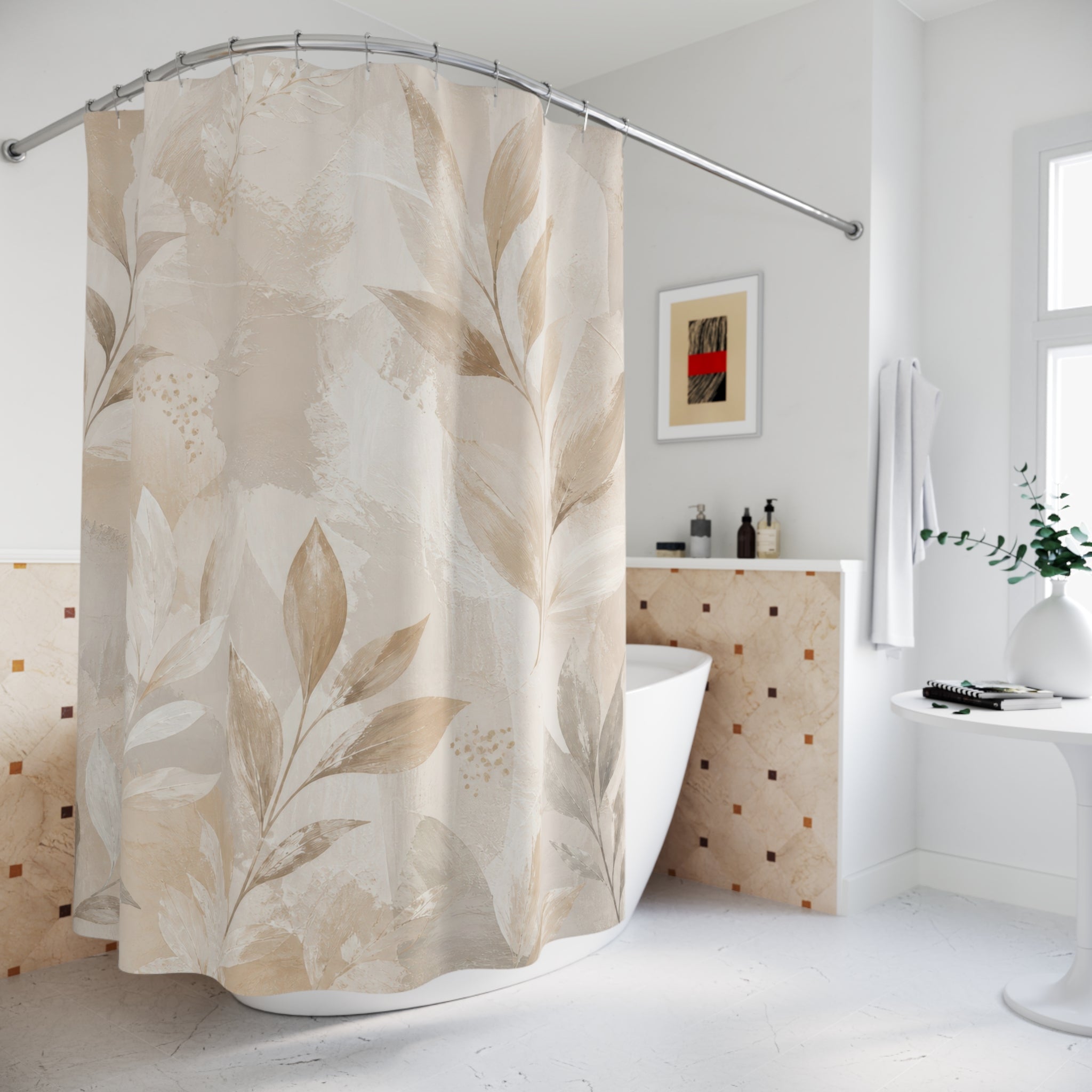Light Beige Shower Curtain, Painterly Botanical Leaf Bath Decor, Ivory Greige Taupe Pattern, Organic Neutral Guest Bathroom Style Decor