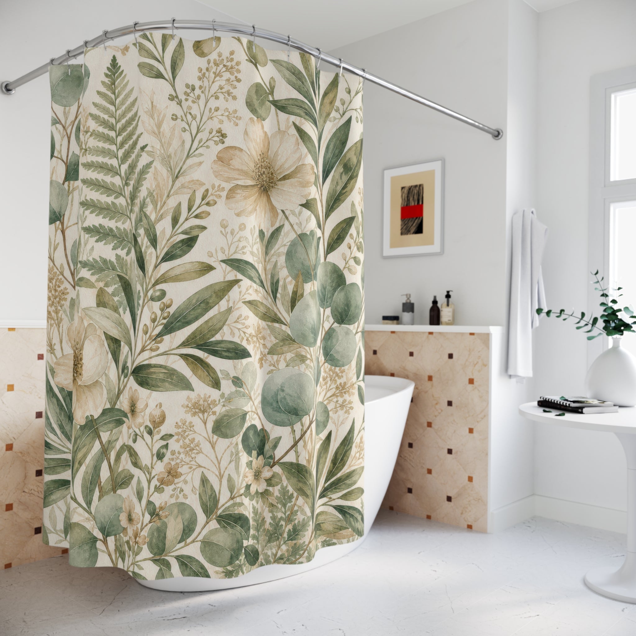 Green and Beige Shower Curtain: Botanical Leaf Pattern