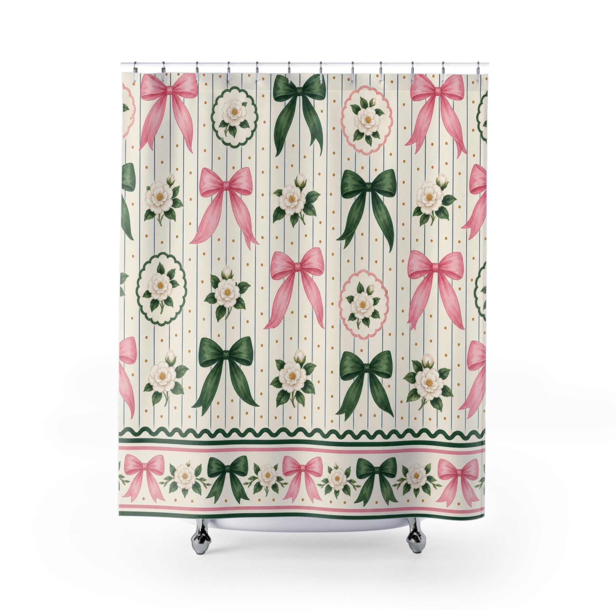 Sorority Shower Curtain, Preppy Pink Green Bow Pattern