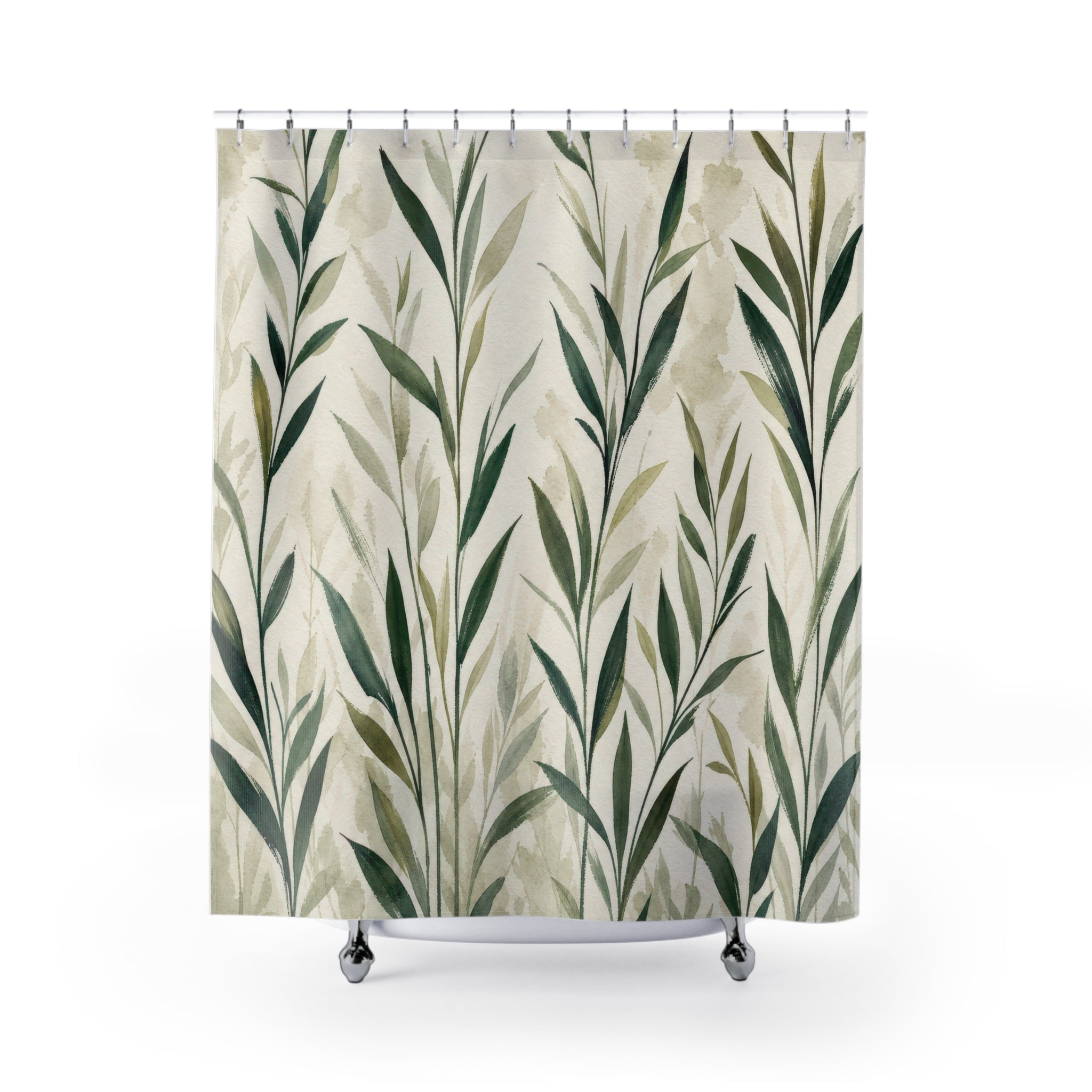 Green Leaf Shower Curtain, Sage Botanical Willow Pattern, Bamboo Style Leaves Bath Decor, Fresh Natural Guest Bathroom Accent, Organic Style