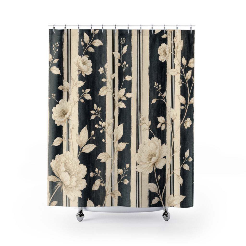 Cream Botanical Stripe Shower Curtain