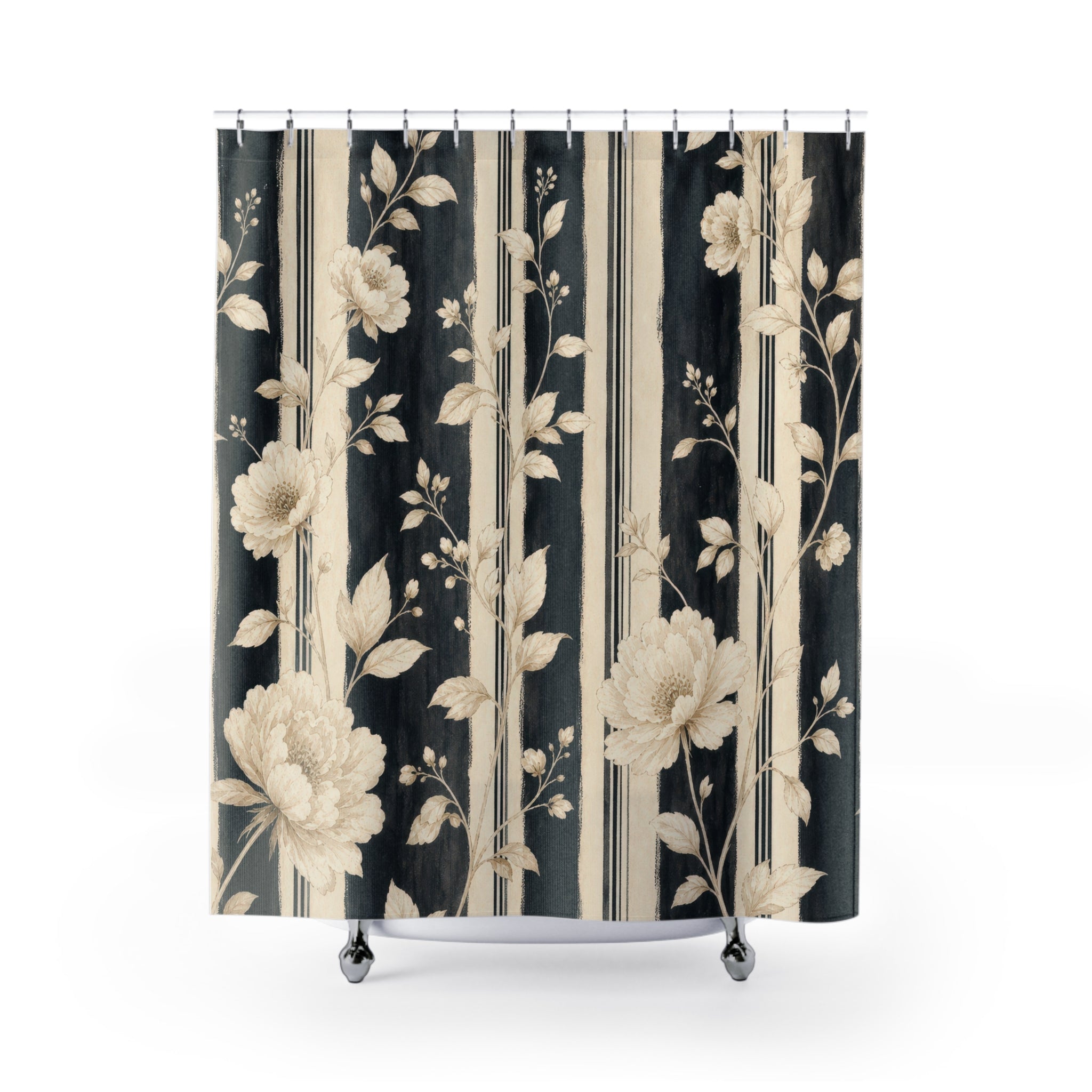 Cream Botanical Stripe Shower Curtain