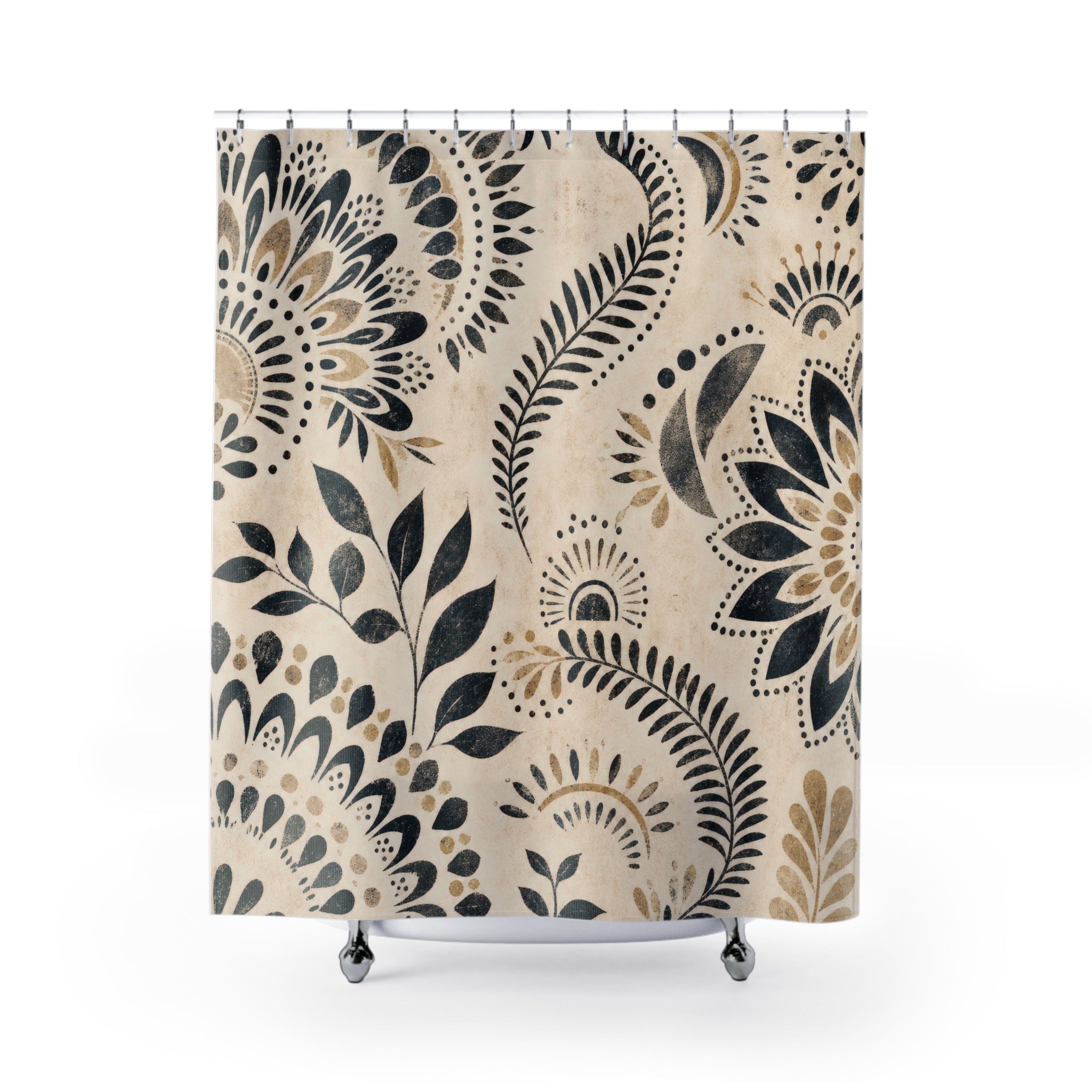 Black White Boho Mandala Floral Botanical Flower Shower Curtain