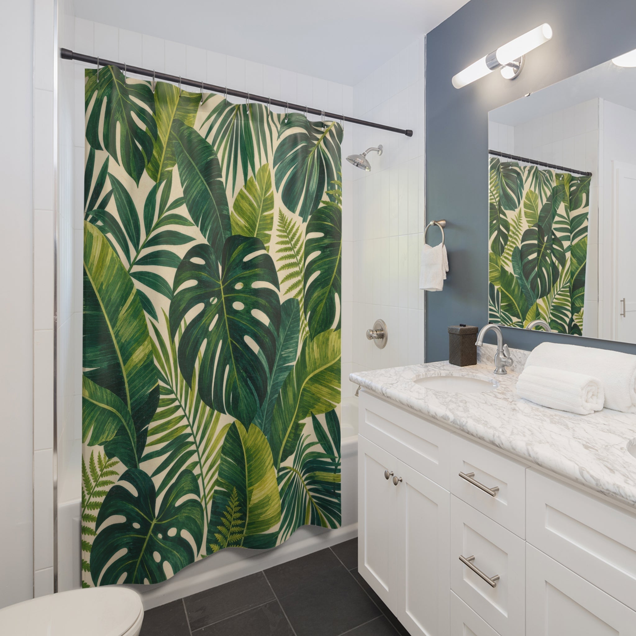 Tropical Shower Curtain, Monstera Palm Leaf Pattern, Green Botanical Bathroom Decor, Lush Tropical Green Wall Decor Guest Bath Wall Gift