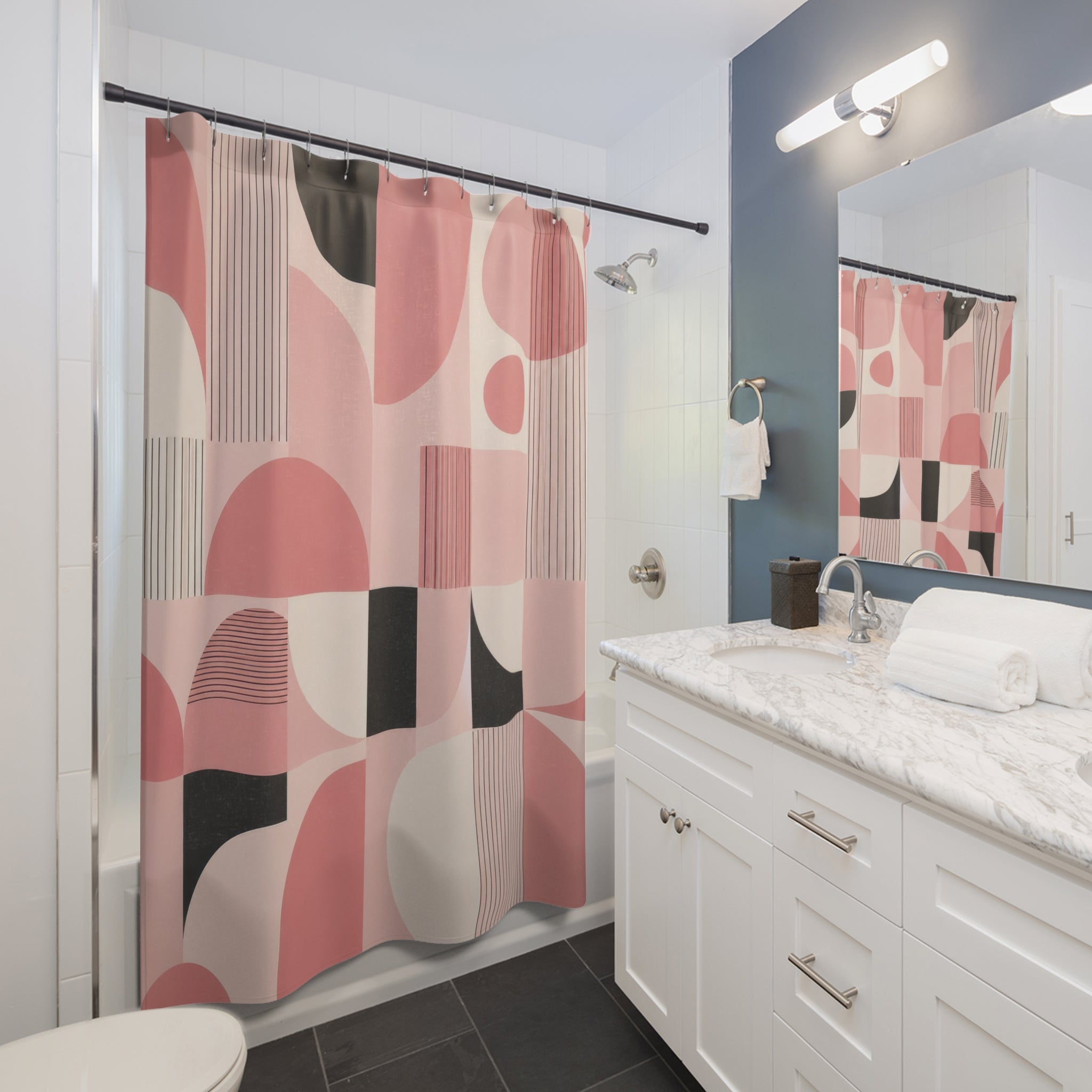 Pink Mid Century Modern Shower Curtain: Retro Geometric