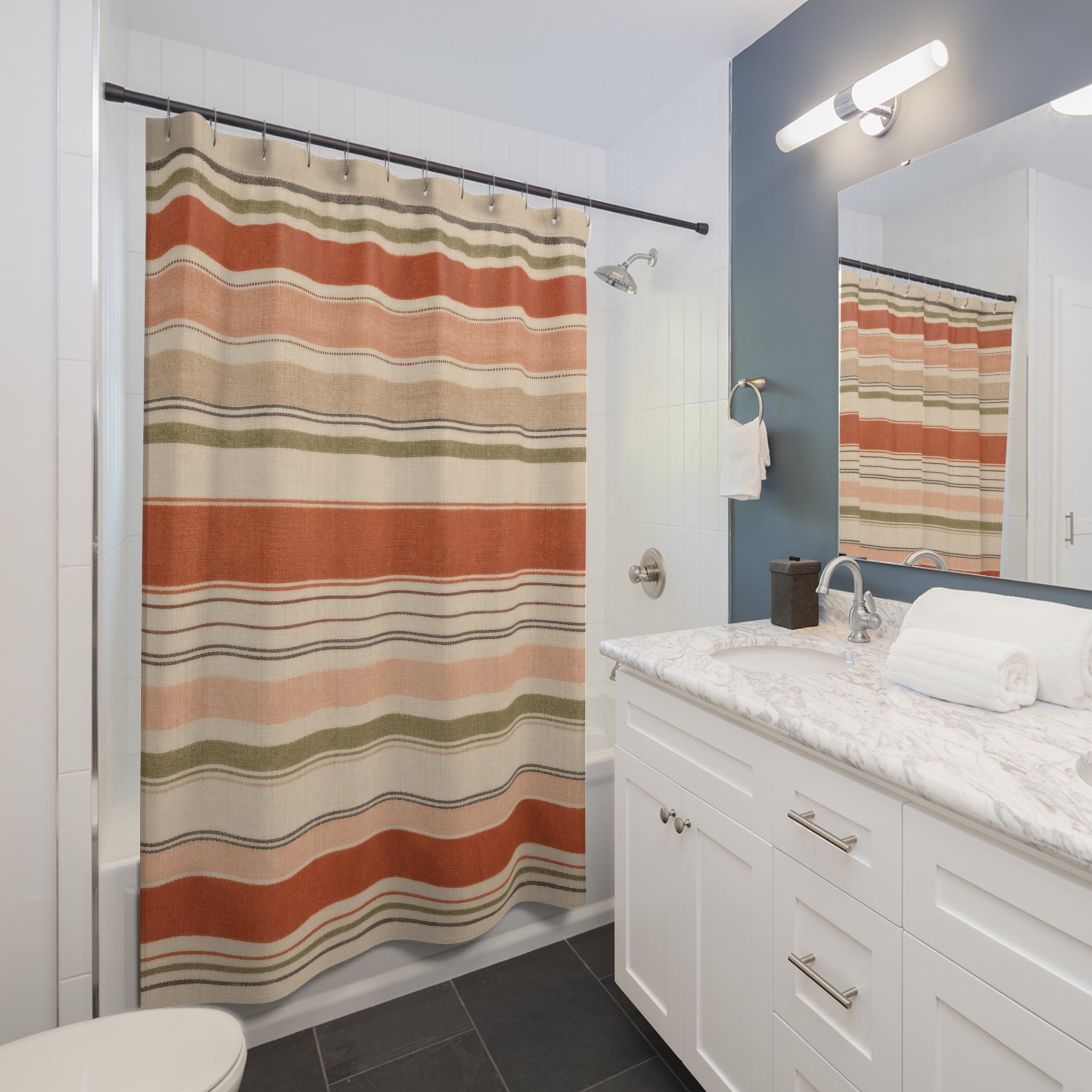 Navy Ivory Watercolor Vertical Stripe Shower Curtain