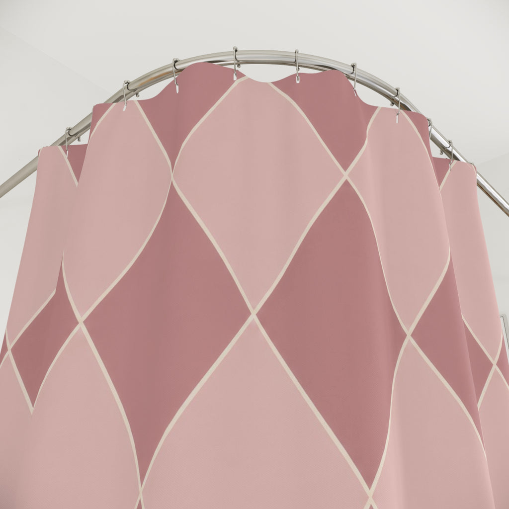 Blush harlequin diamonds with fine ivory lines shower curtain with close-up print, hooks, and folds