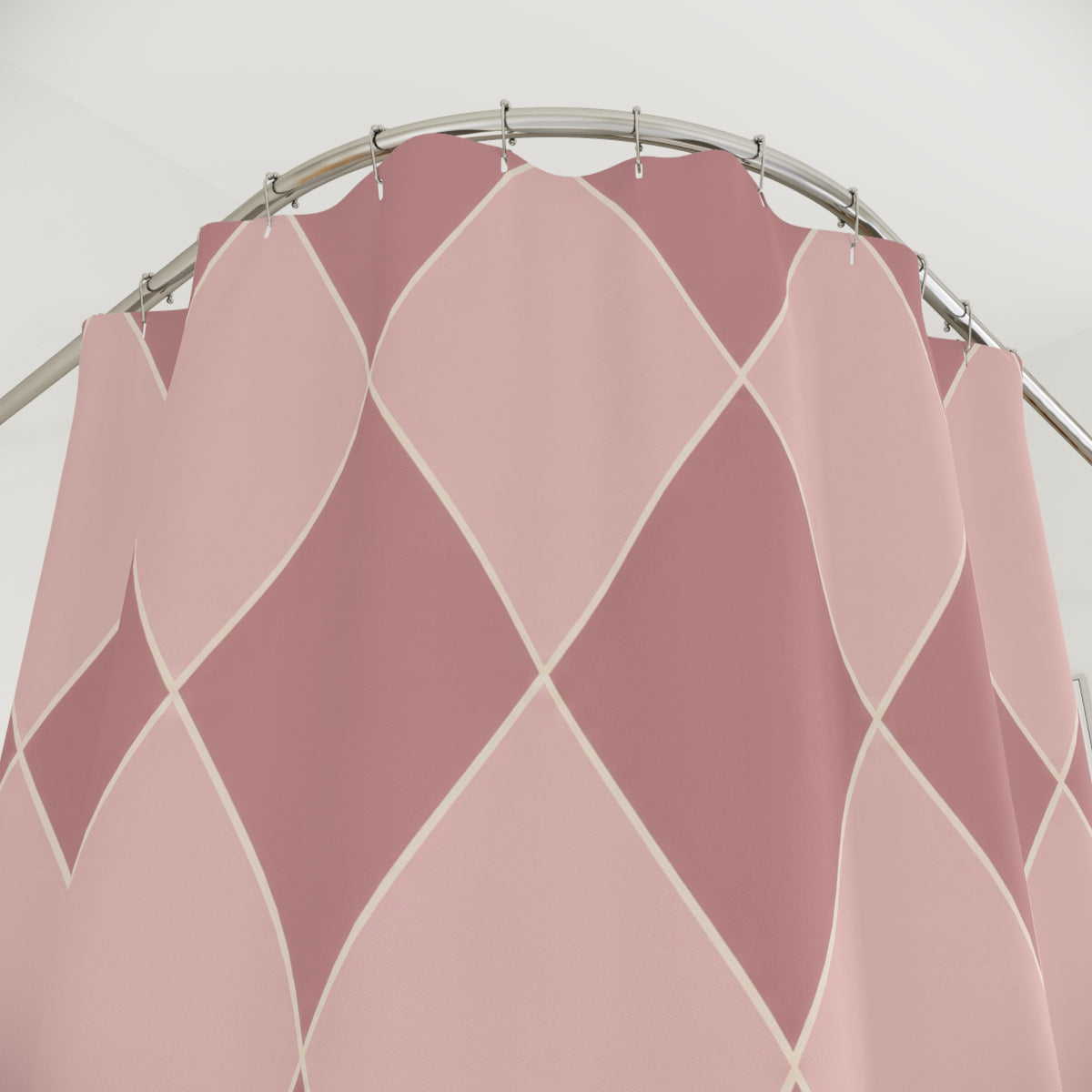 Blush harlequin diamonds with fine ivory lines shower curtain with close-up print, hooks, and folds