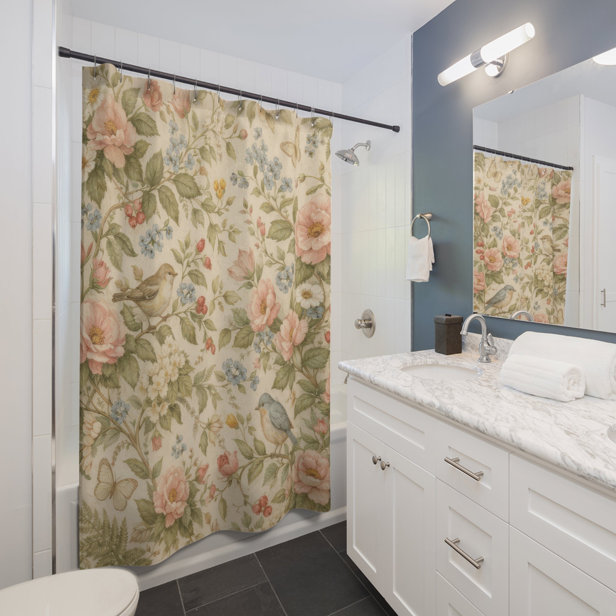 Cottagecore Rose and Bird Shower Curtain – Blush
