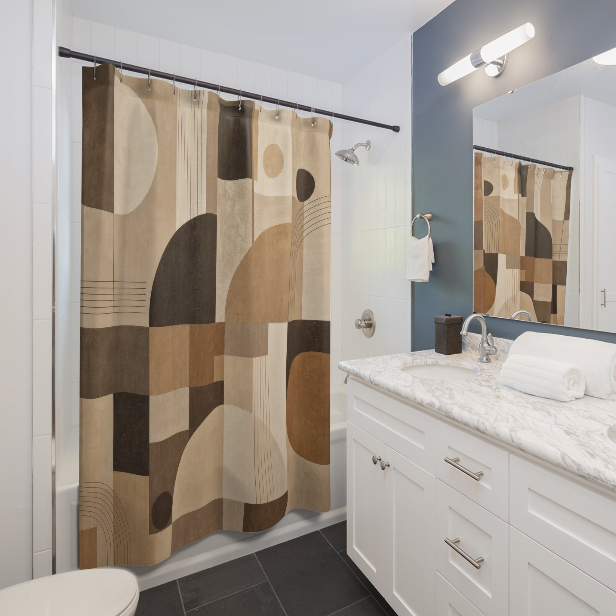 Brown Beige Geometric Block Shower Curtain